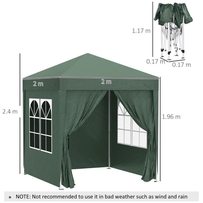 Green 2m x 2m Pop Up Gazebo With 2 Walls 2 Windows