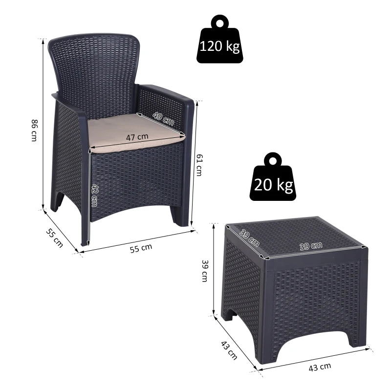 Dark Brown Rattan Effect Bistro Set - 2 Chairs & Coffee Table
