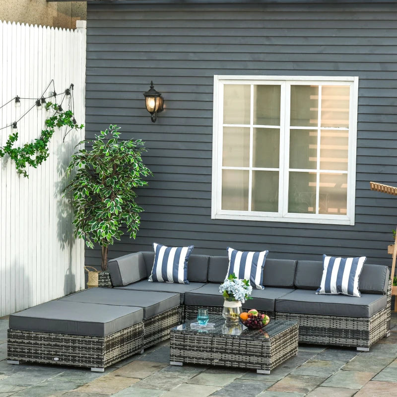 6 Piece Rattan Sofa & Coffee Table Set With Grey Pillow Cushions