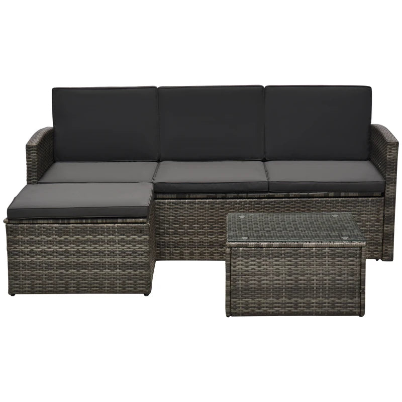 Dark Grey L-Shaped 3 Seater Sofa With Black Cushions and Glass Top Coffee Table