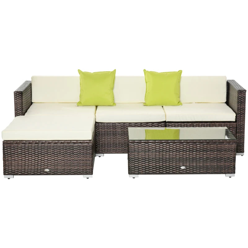Brown L-Shaped 3 Seater Sofa With Beige Cushions and Glass Top Coffee Table