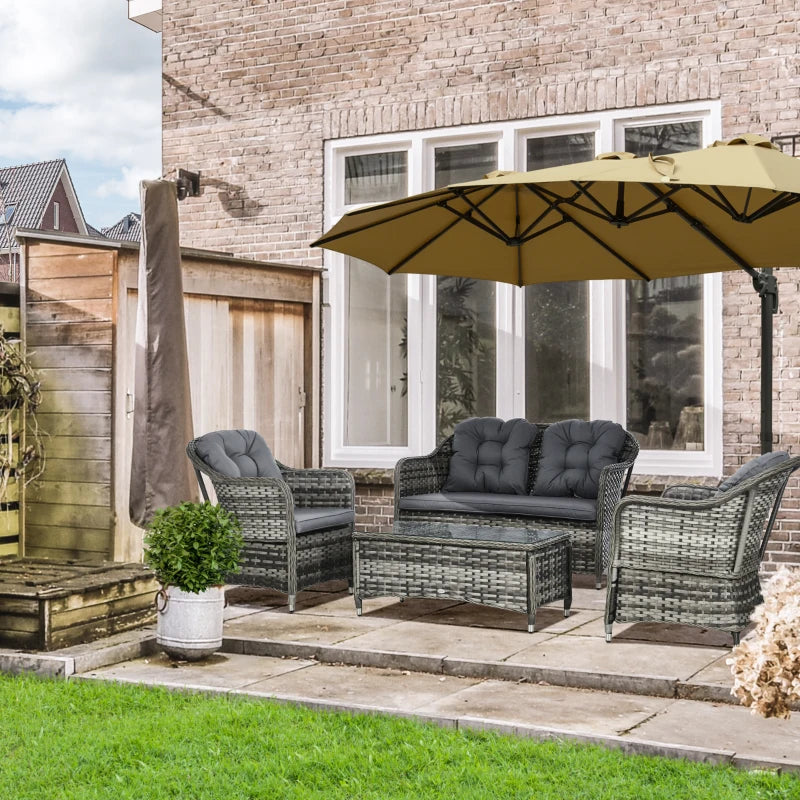 Grey 4 Piece Rattan Furniture Set With Glass Top Coffee Table