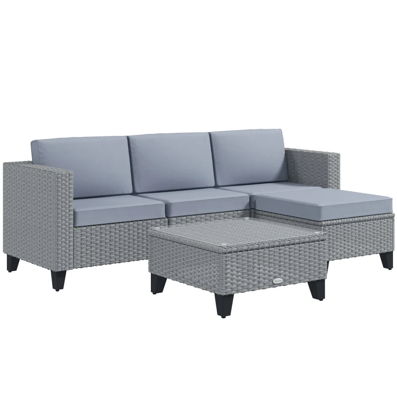 Grey 5-Piece Rattan Set with Corner Sofa, Footstools & Coffee Table
