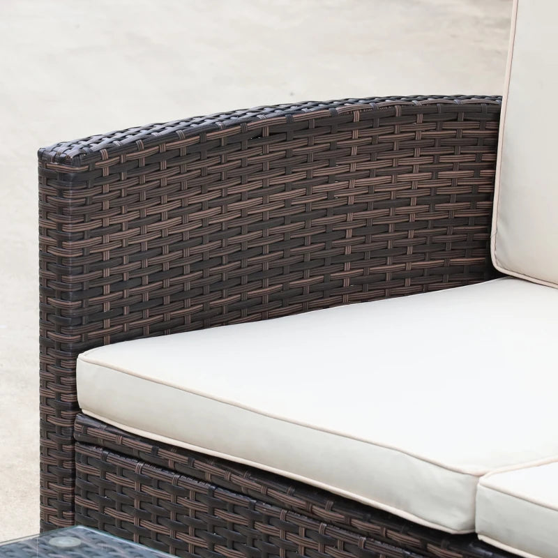 Brown L-Shaped 3 Seater Sofa With White Cushions and Glass Top Coffee Table