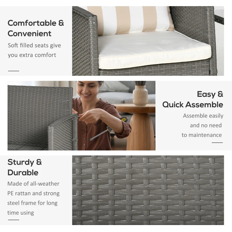 Light Grey Rattan Bistro Set With Cushions and Striped Pillows, Plus Glass Top Table