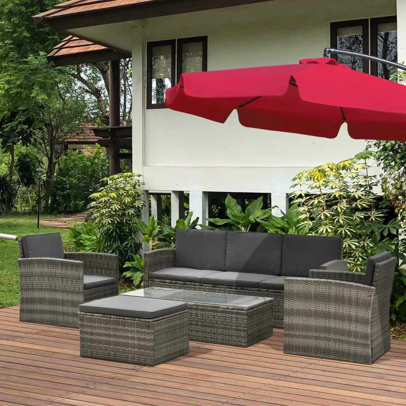 Rattan Garden Furniture Set With 3-Seater Sofa, 2 Single Chairs Plus Foot Stool & Coffee Table