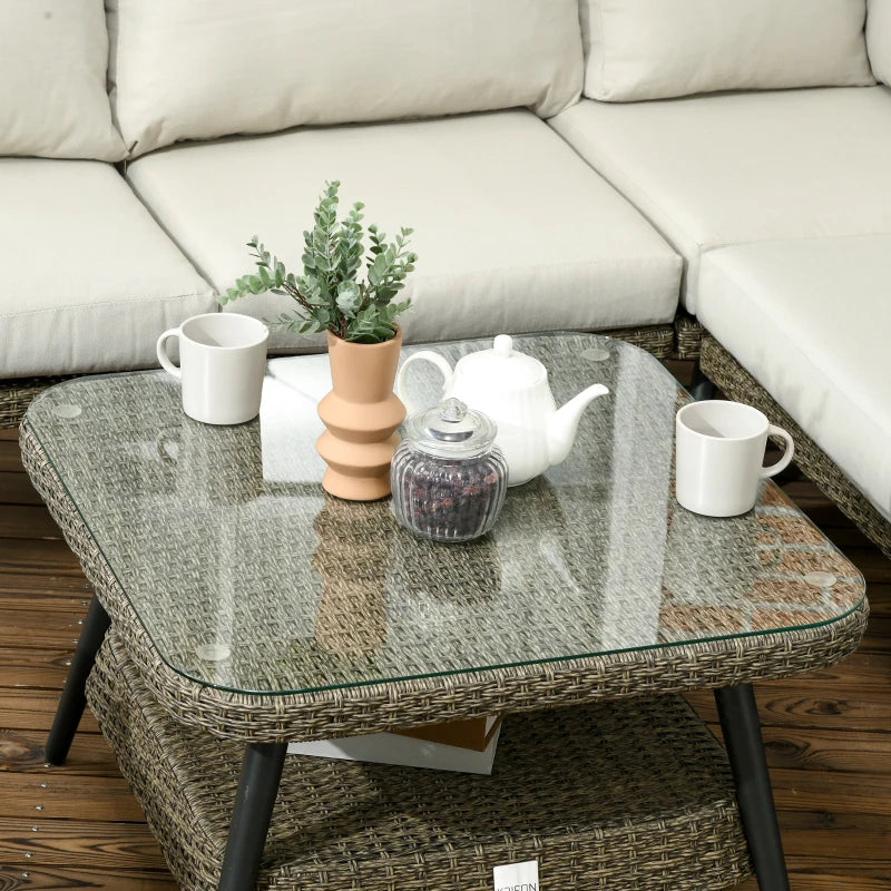 6-Seater Rattan Corner Sofa With Rounded Edges And Tempered Glass Two-tier Table