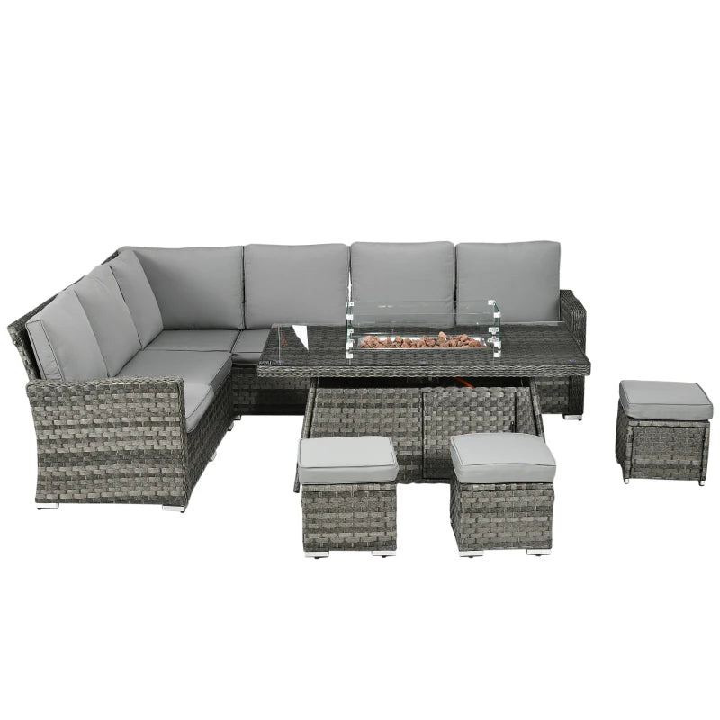 6 Seater Rattan Sofa With Fire Table - Grey