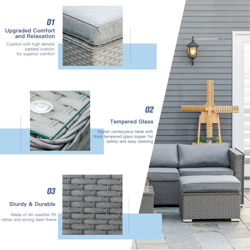 Grey 4 Seater Rattan Corner Sofa Set With Coffee Table and Footstools