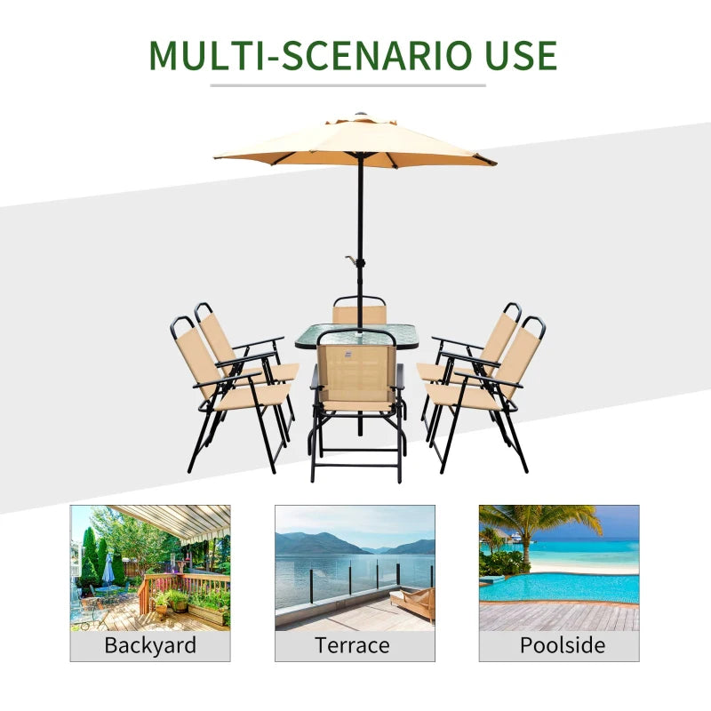 8 Piece Metal Dining Set With Beige Parasol