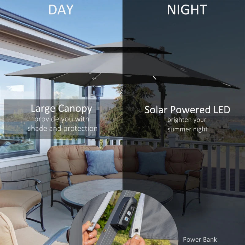 Grey Tiered Cantilever Parasol With LED Lights & Cross Base