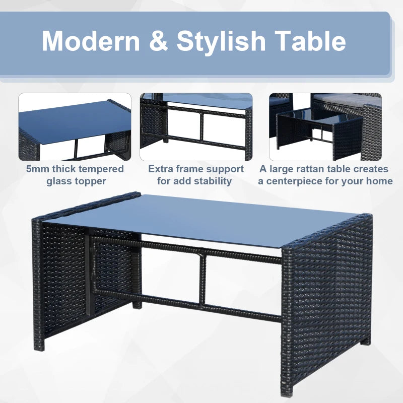 Black 4 Piece Rattan Furniture Set with Grey Cushions, 2 Armchairs and Dark Coffee Table