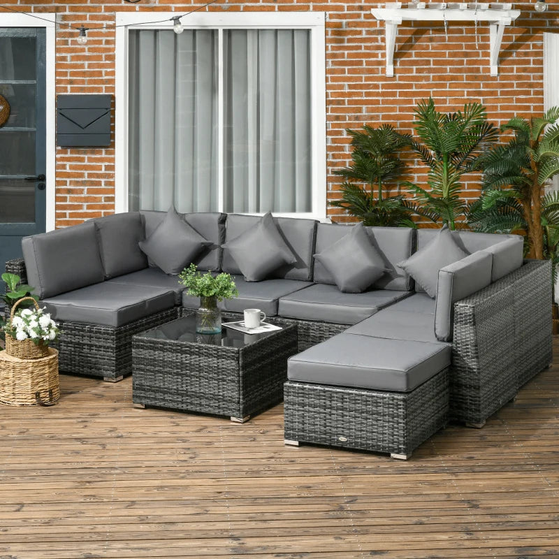Grey 8 Piece Rattan Corner Sofa Set With Washable Cushion Covers & Tempered Glass Table