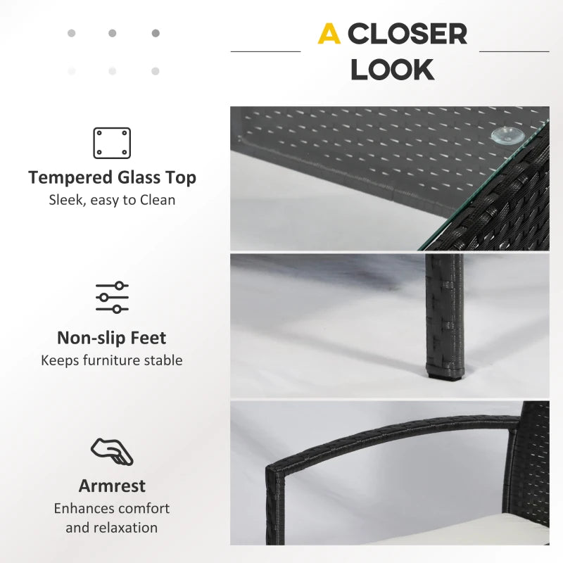 Black 4-Piece PE Rattan Garden Set: Corner Sofa with Cushions, Armchairs, Loveseat & Glass-Top Table