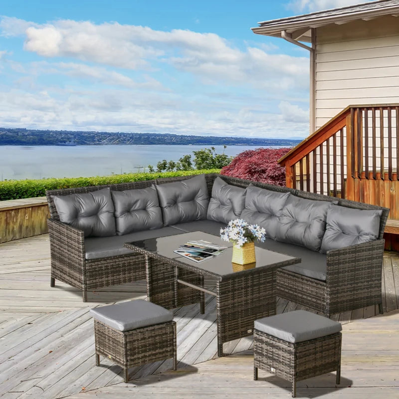 Mixed Grey 8-Seater Wicker Sofa Set With Glass Table & Cushions