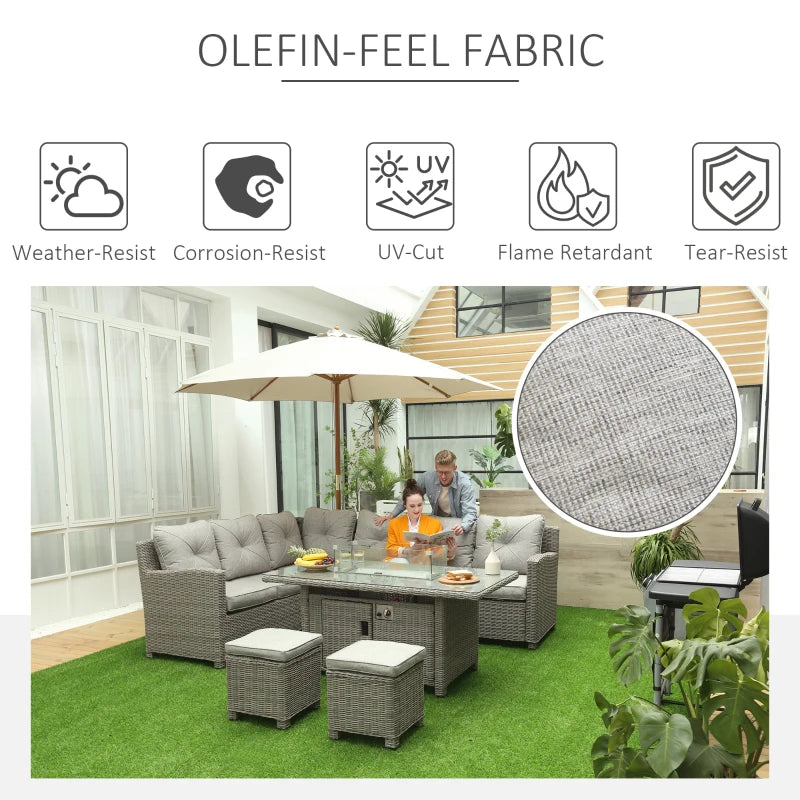 8-Seater Rattan Sofa Set With Fire Pit Table, L-Shape Sofa, Footstool and Furniture Cover