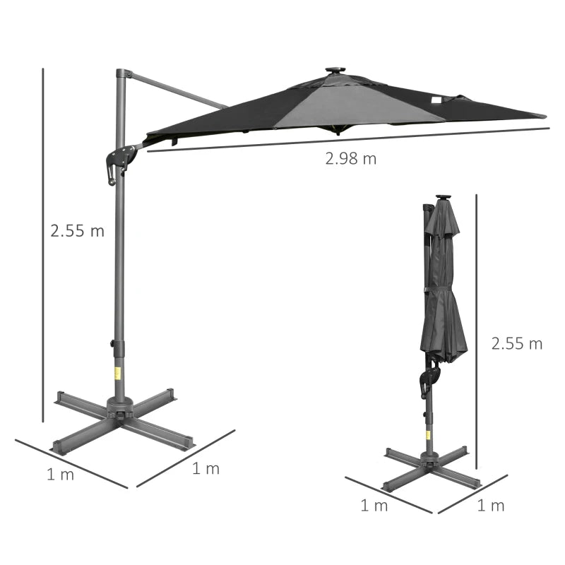 2.55H x 2.98m Dark Grey Adjustable Cantilever Parasol With LED Lights