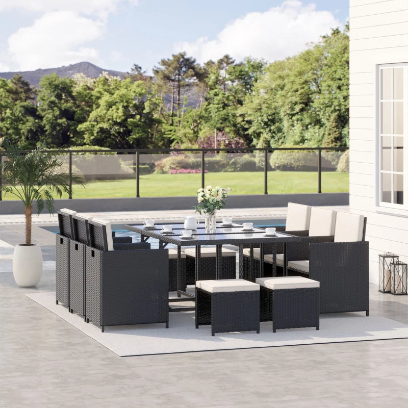 Black 11 Piece Rattan Dining Set With White Cushions