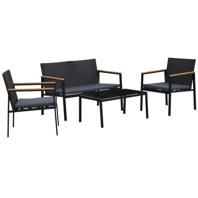 Rattan 4-Piece Garden Set: Includes 2 Armchairs, Loveseat Bench, Cushions, and Coffee Table