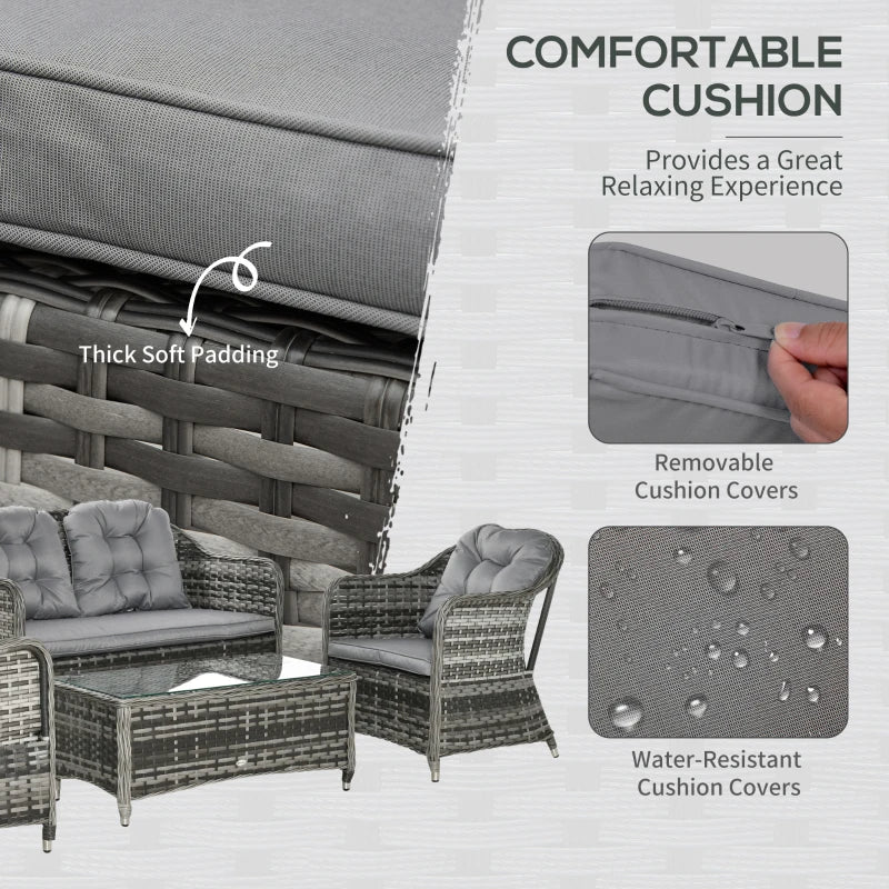 4 Pieces Outdoor PE Rattan Sofa Set with Glass Top Coffee Table, Mixed Grey