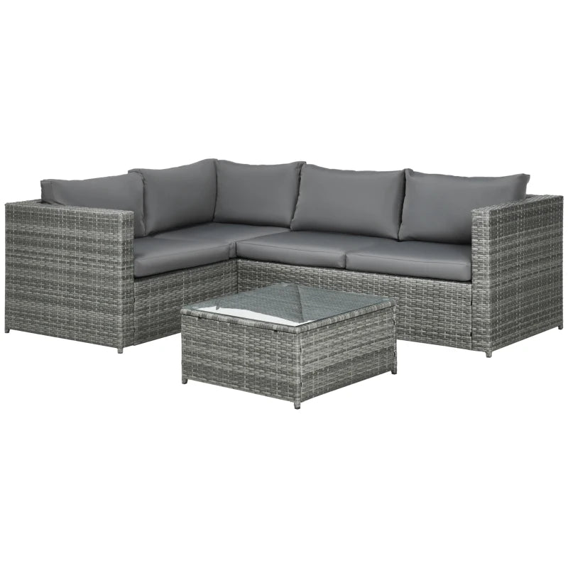 Grey 4 Seater Rattan Corner Sofa With Coffee Table and Thick Cushions