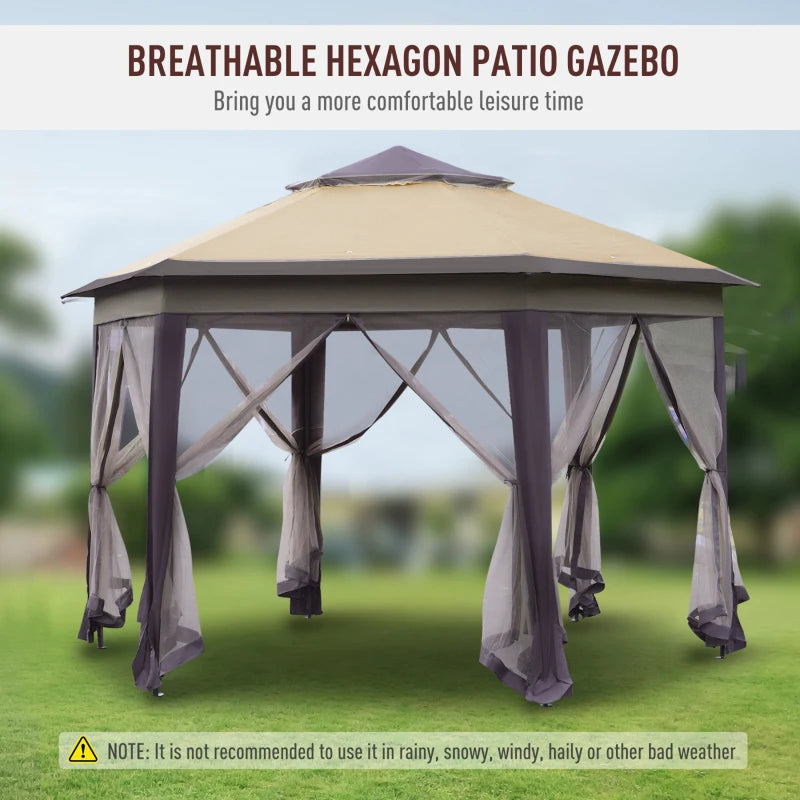 Beige Hexagon Patio Gazebo with Netting