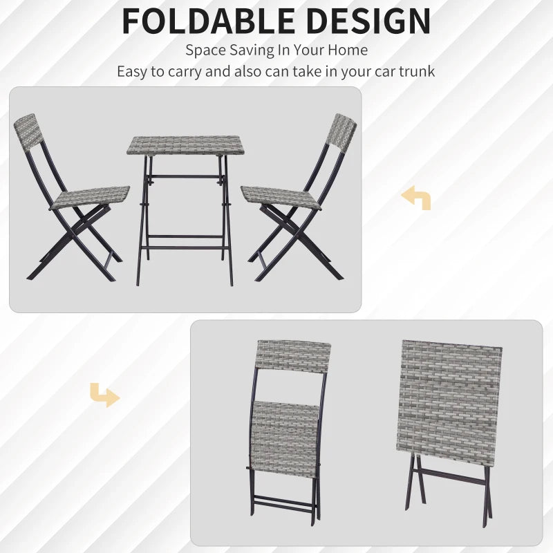 Grey 2 Seater Foldable Rattan Bistro Set With Square Table