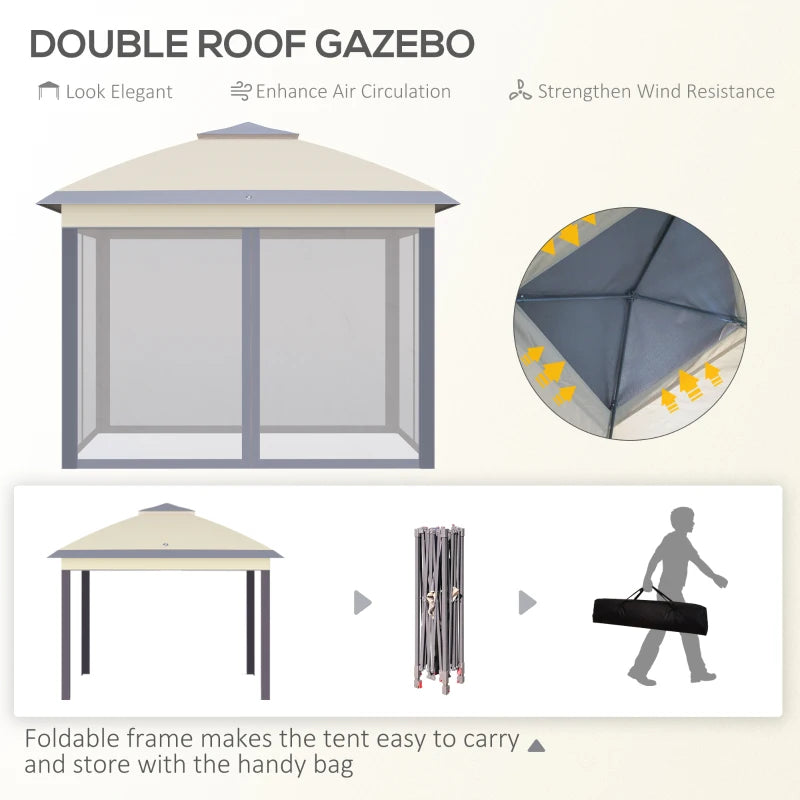 Beige Foldable Pop Up Gazebo with Zippered Mesh Sidewalls
