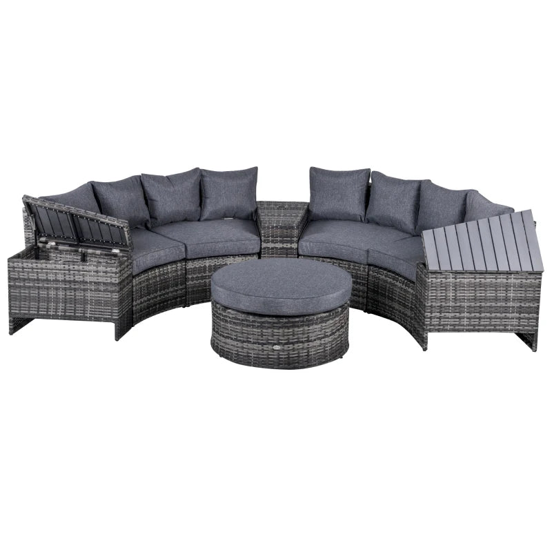 8 Piece Grey Half Round Rattan Sofa Set With 1 Umbrella Hole, Side Table and 2 Storage Tables