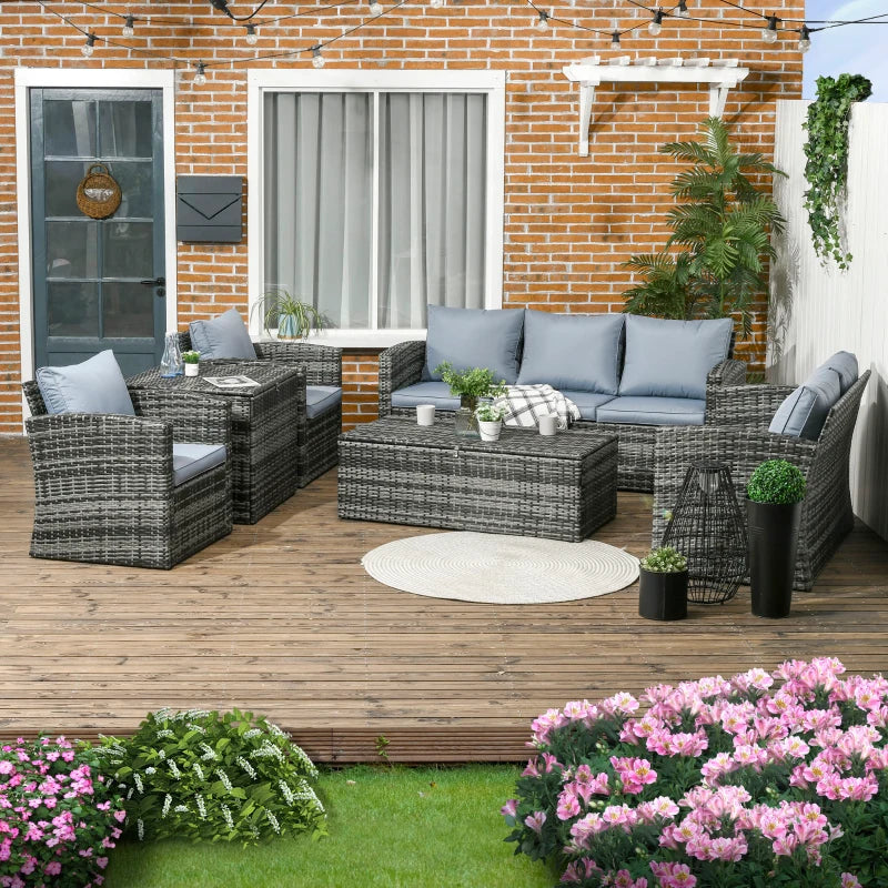 6 Piece Rattan Conversation Furniture Set With Storage Table and Cushions