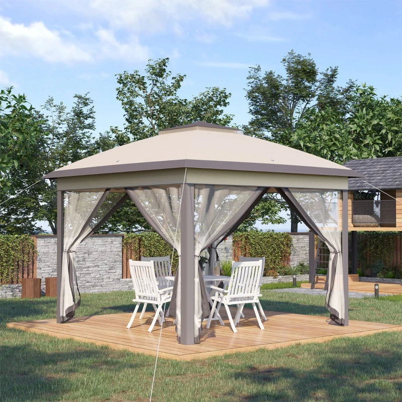 Beige Foldable Pop Up Gazebo with Zippered Mesh Sidewalls
