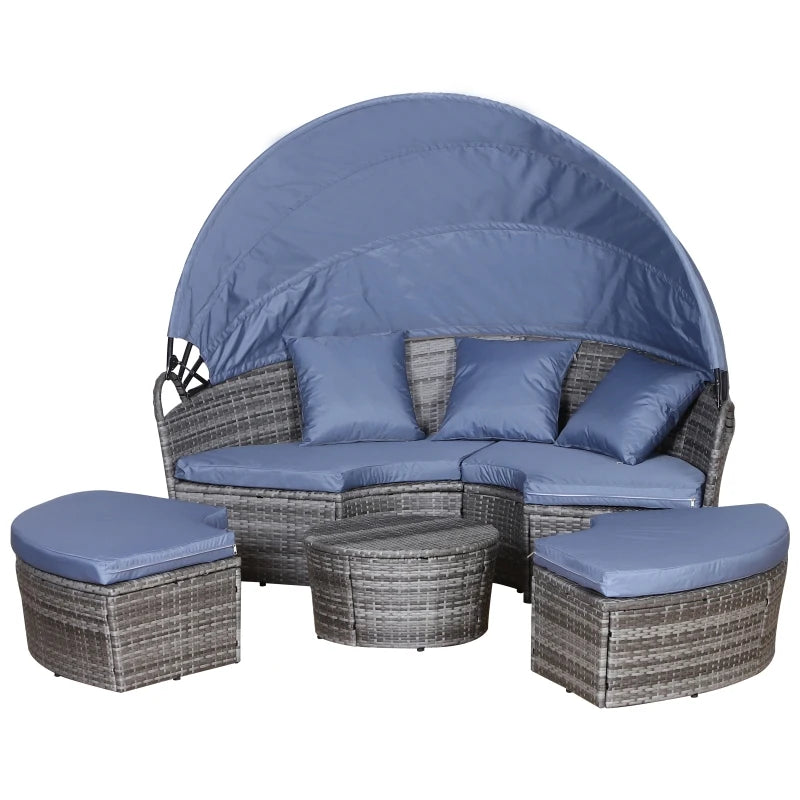 Grey Rattan Round Sofa Bed with Cushions and Retractable Canopy