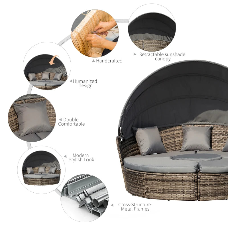 Dark Grey Round Rattan Daybed with Retractable Canopy and Coffee Table