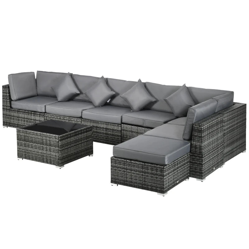 Grey 8 Piece Rattan Corner Sofa Set With Washable Cushion Covers & Tempered Glass Table