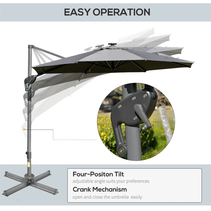 2.55H x 2.98m Light Grey Adjustable Cantilever Parasol With LED Lights