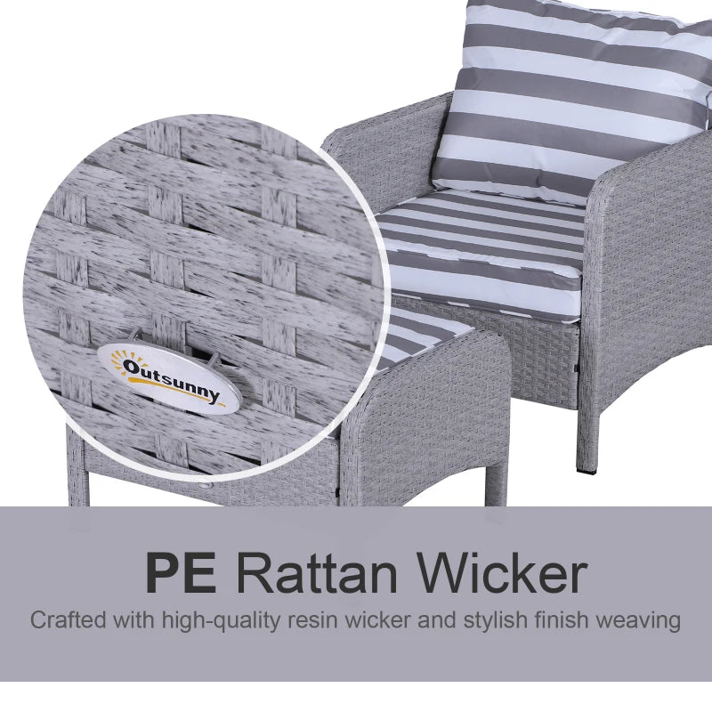 Dark Grey 5 Piece Rattan Set With 2 Armchairs, 2 Stool and Glass Top Table - Striped White & Grey Cushions