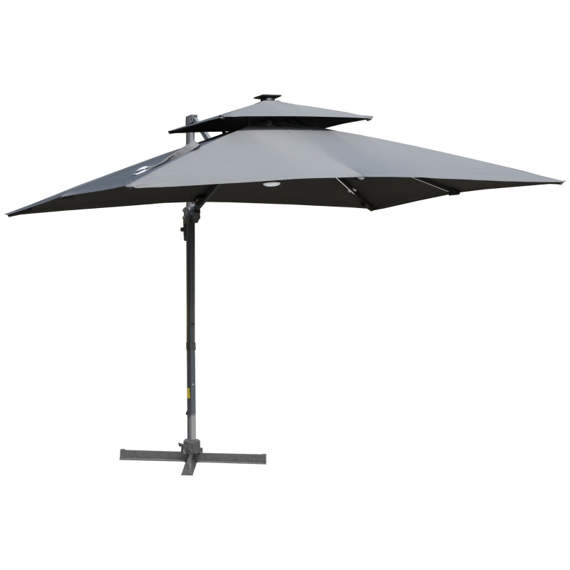 Grey Tiered Cantilever Parasol With LED Lights & Cross Base