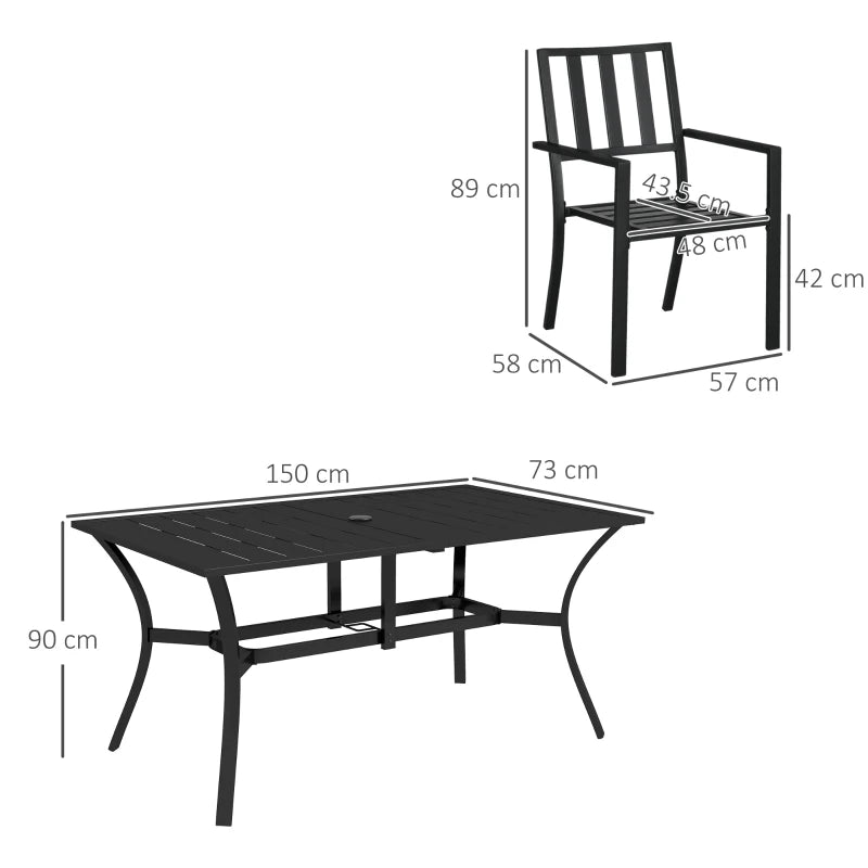 Black Metal 7 Piece Garden Dining Set With Umbrella Hole & Table Plus Stackable Chairs