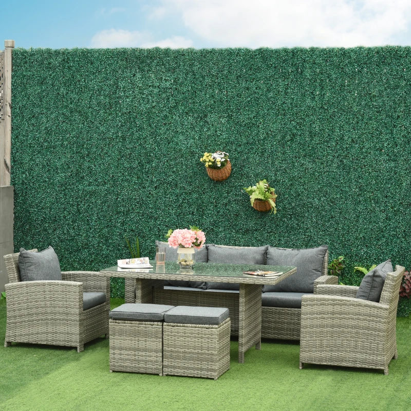Rattan Garden Furniture Set with Three-seats, Armchairs, Footstools and Glass Top Dining Table