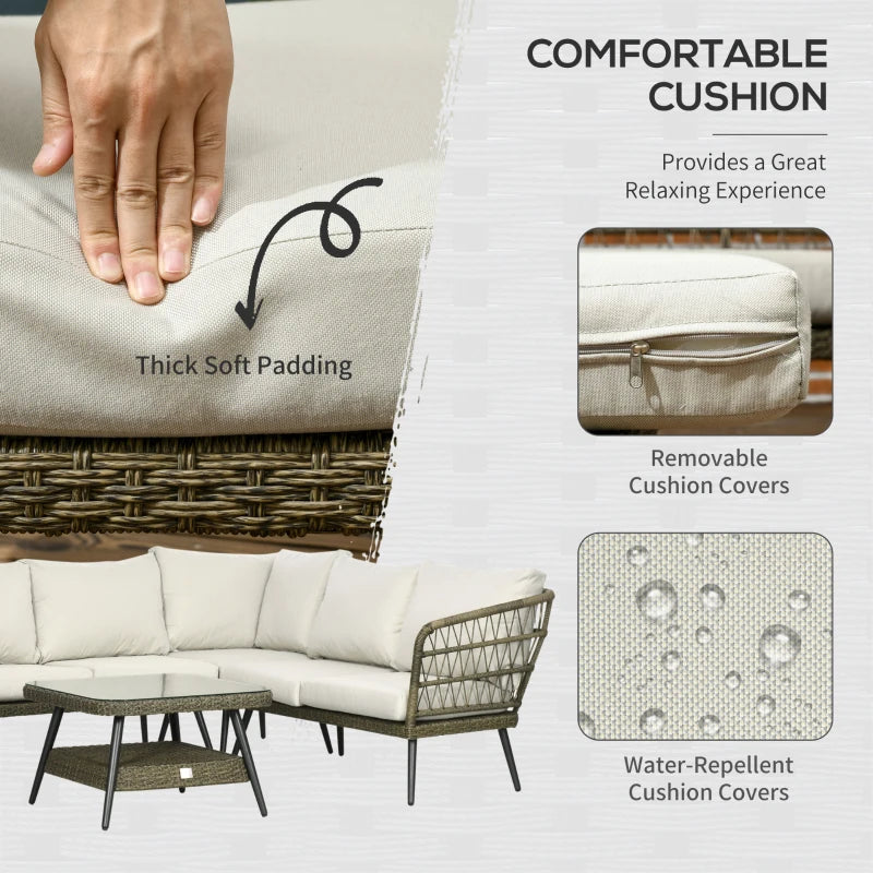 6-Seater Rattan Corner Sofa With Rounded Edges And Tempered Glass Two-tier Table