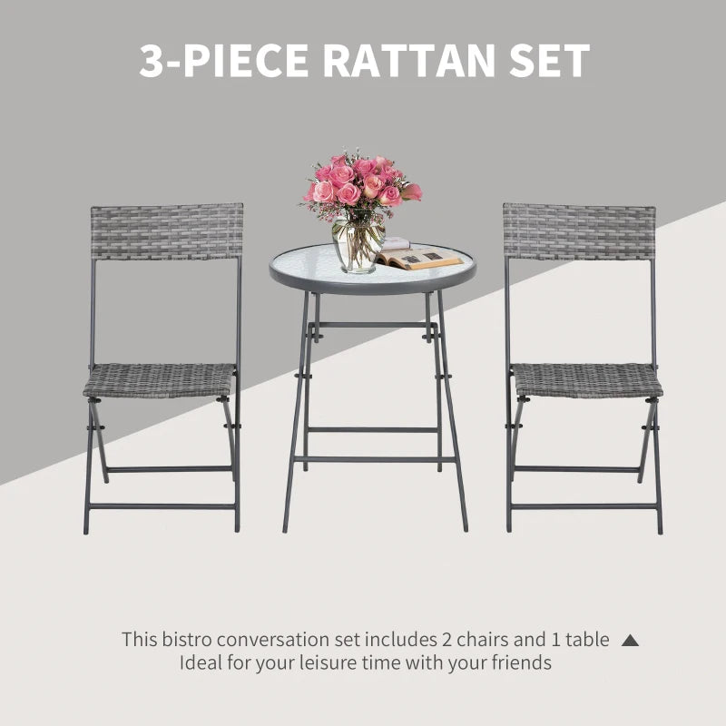 Light Grey Rattan Bistro Set With Foldable Table and Chairs