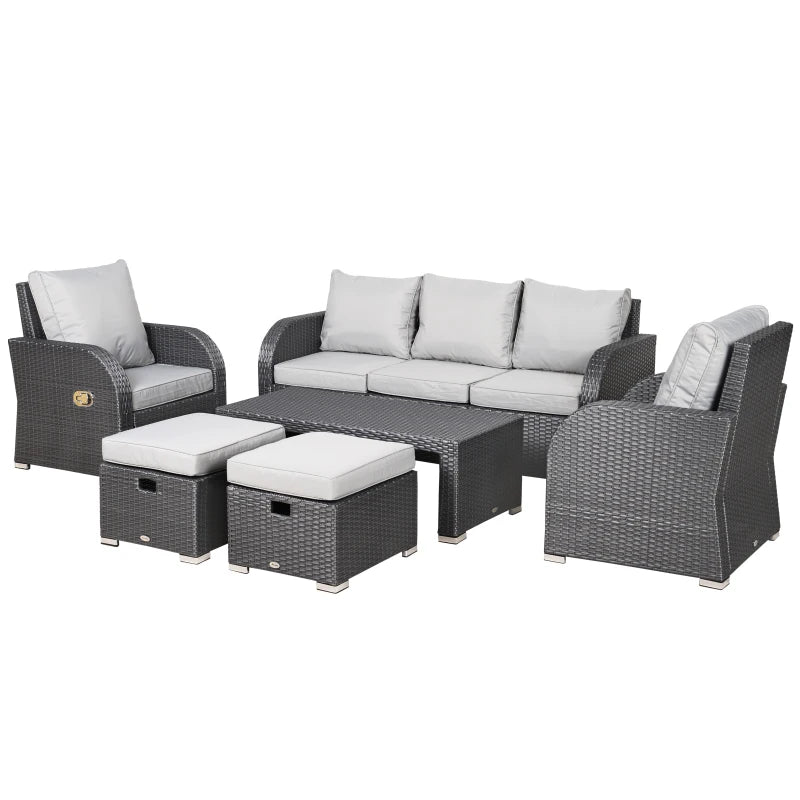 Light Grey 7 Seater Rattan Sofa, Coffee Table & Footstools