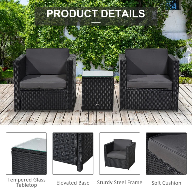 Black 3 Piece Rattan Bistro Set with 10cm Cushions