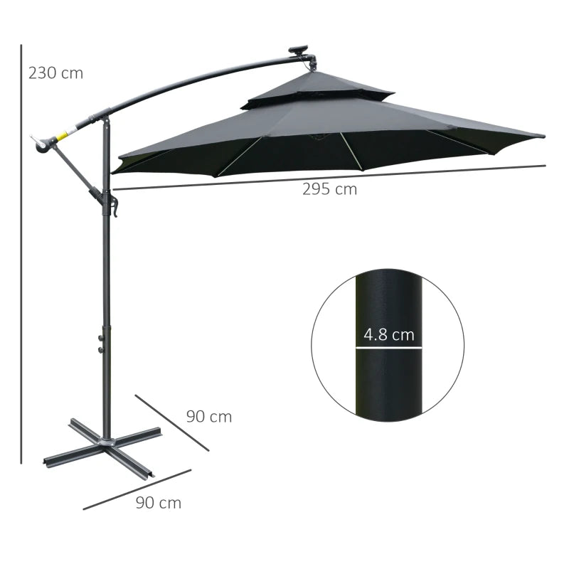 Black 3m Parasol With LED Solar Lights