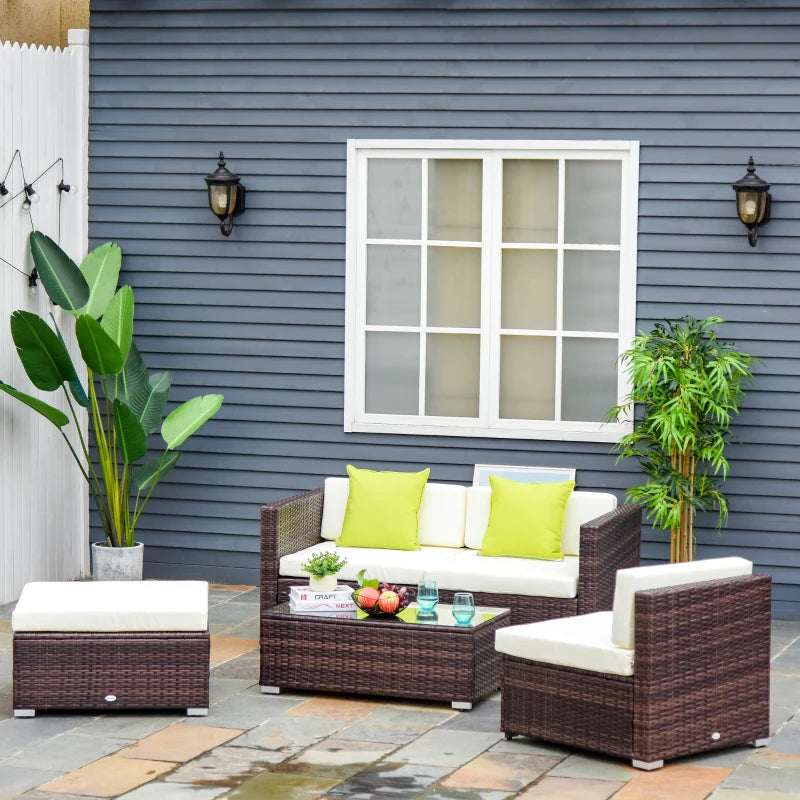 Brown L-Shaped 3 Seater Sofa With Beige Cushions and Glass Top Coffee Table