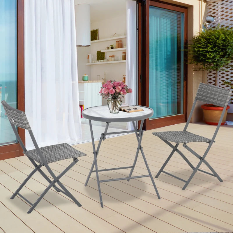 Light Grey Rattan Bistro Set With Foldable Table and Chairs