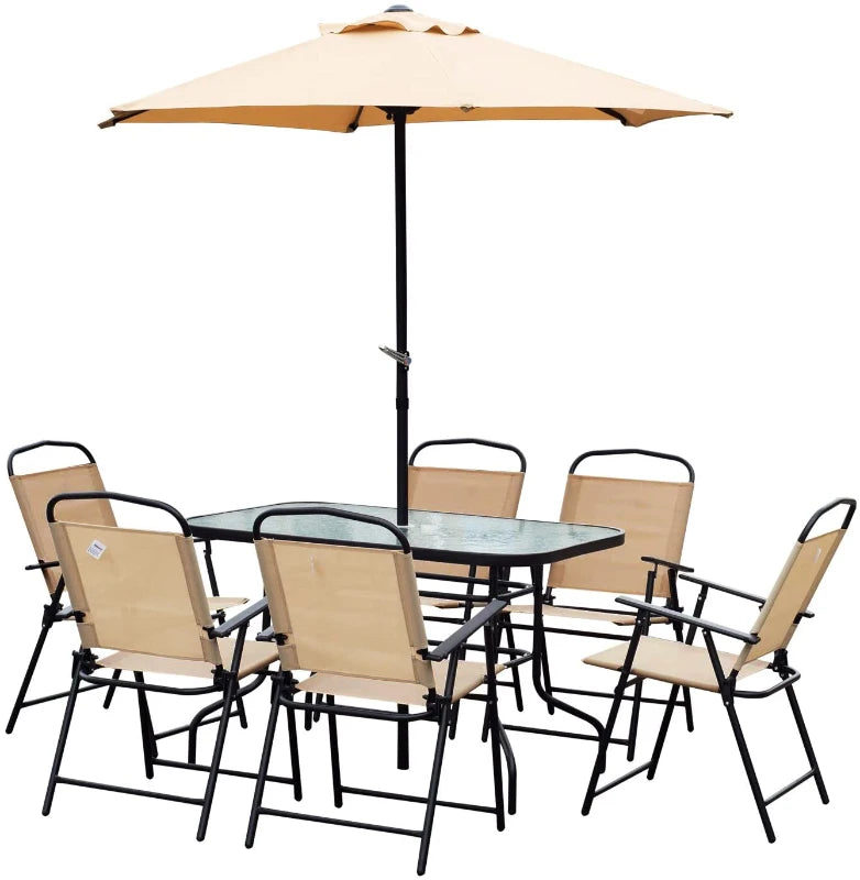8 Piece Metal Dining Set With Beige Parasol