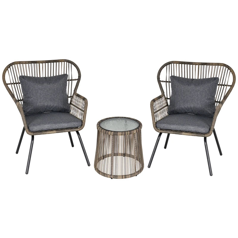 Grey 3 Rattan Dining Set - 2 with Chairs and Glass Coffee Table