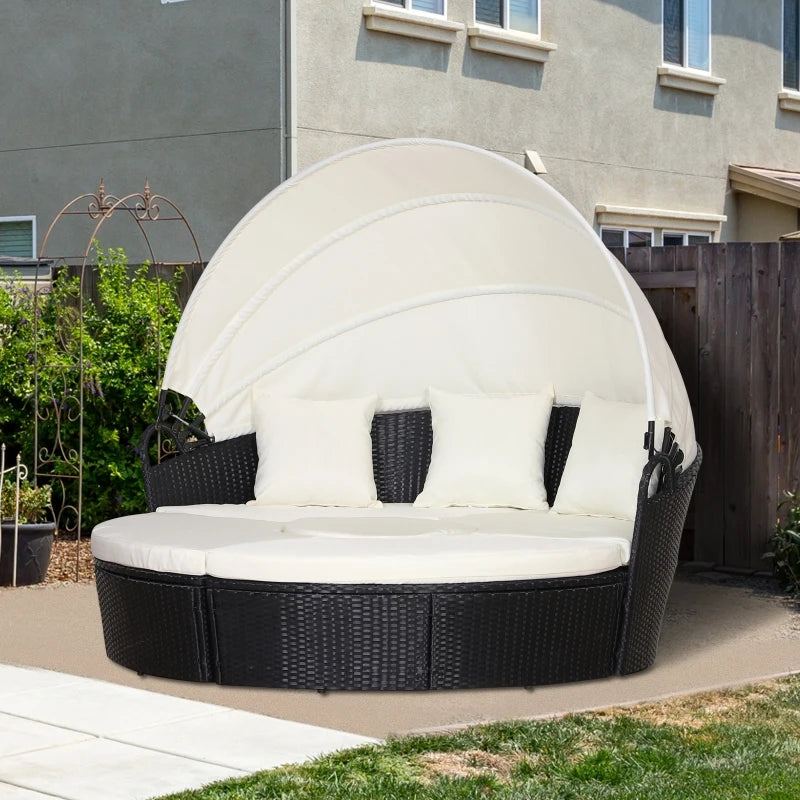 Black Five-Piece Rattan Garden Bed With Canopy And Cream Cushions