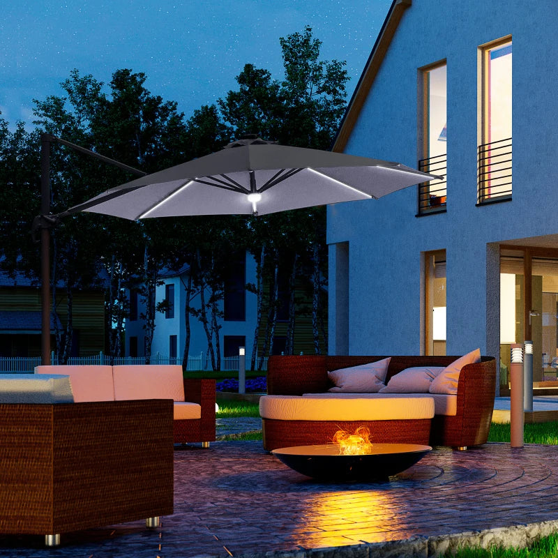 2.55H x 2.92m Grey Cantilever Parasol With Solar Powered LED Lights